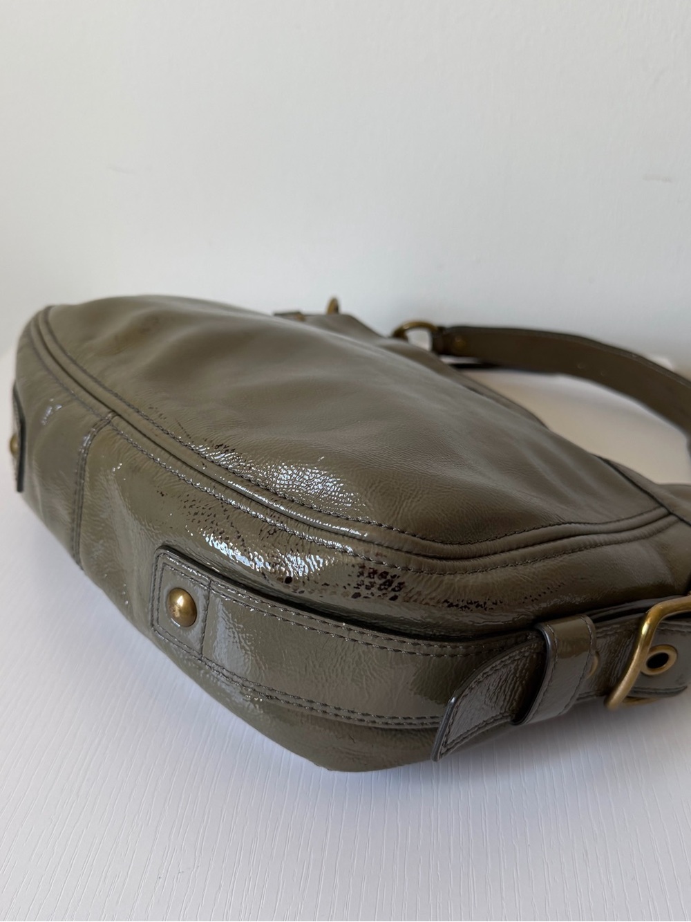 Coach Zoe Patent Leather Hobo Shoulder Bag Olive- Grey 12735 - Picture 8 of 12